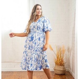 Dani Marie 24 Mia Dress Smocked Midi Blouson Blue Floral Midi Party Puff Sleeve